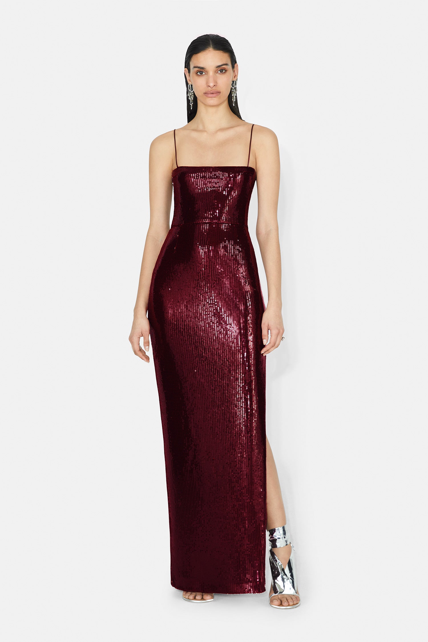 burgundy bandeau dress Satin Peekaboo Bandeau Draped Gown in Wine Red - XL / Regular