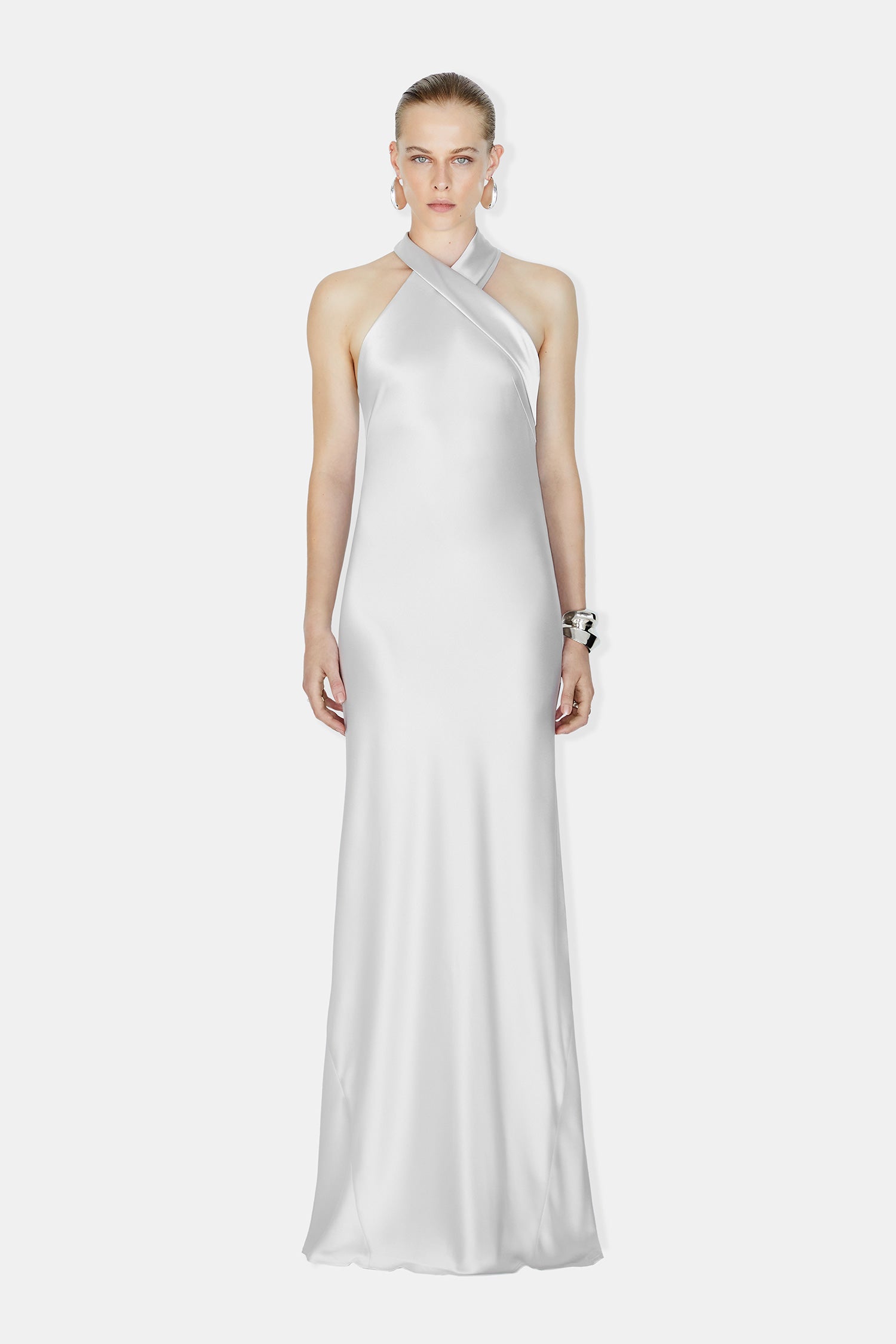 Galvan London | Pandora Satin Maxi Dress | Platinum | Size 46 Galvan London | Pandora Satin Maxi Dress | Platinum | Size 46