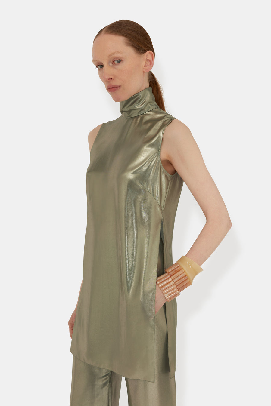 Galvanized Chiffon Top - Olive Gold