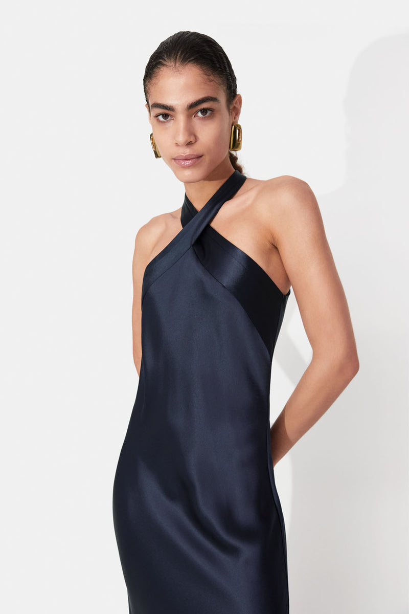 Designer Crossed Neckline Midnight Blue Dress | Luxury Eveningwear ...
