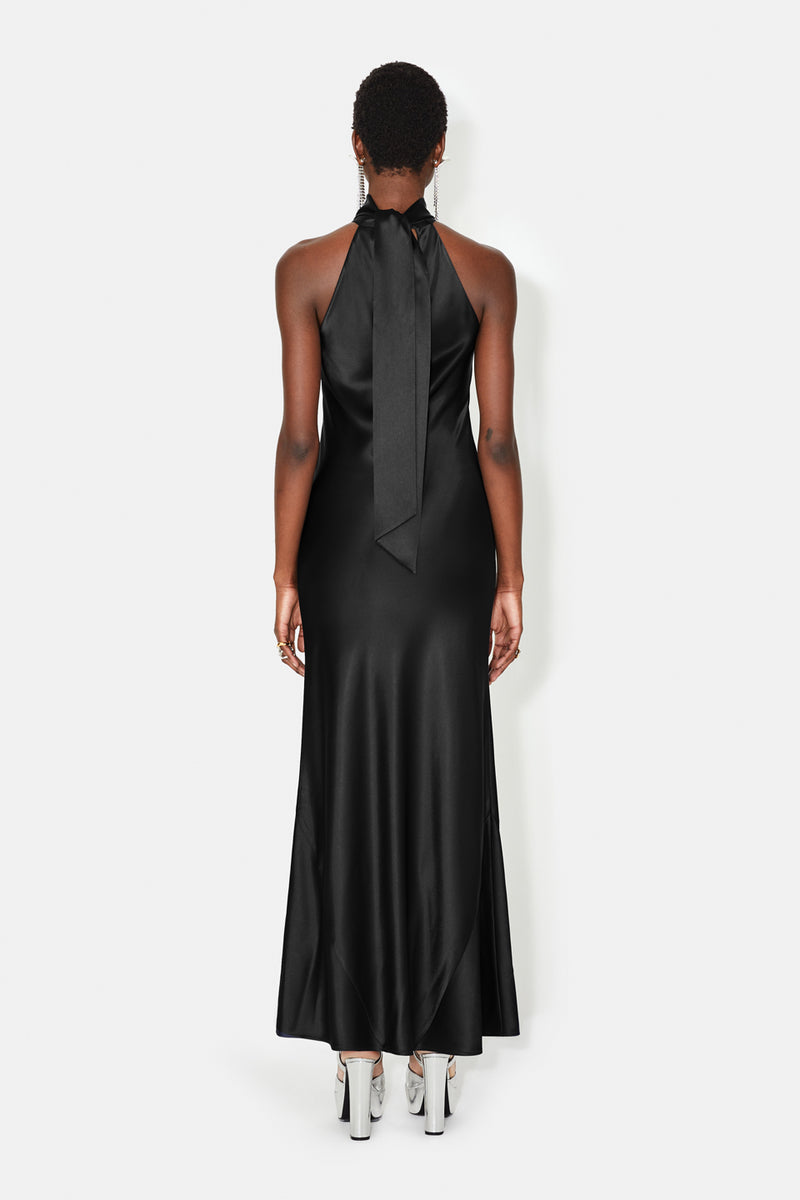 high neck black silk dress High Neck Low Back Lace Trim Detail Mini Dress In Black Satin | EGO US