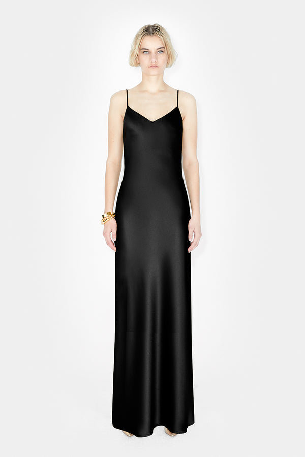 Satin V-Neck Slip Dress - Black