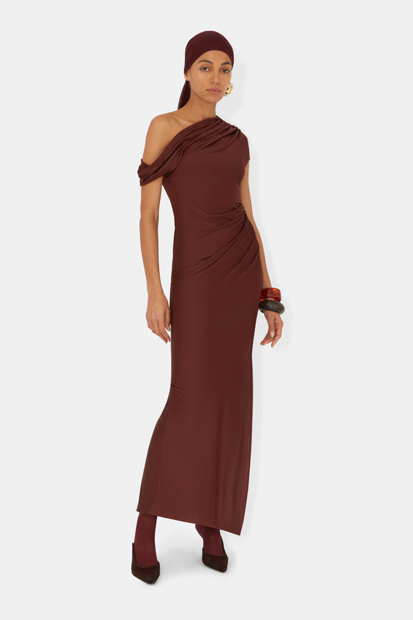 Cascading Off-The-Shoulder Dress - Mahogany