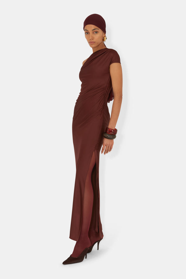 Cascading Off-The-Shoulder Dress - Mahogany