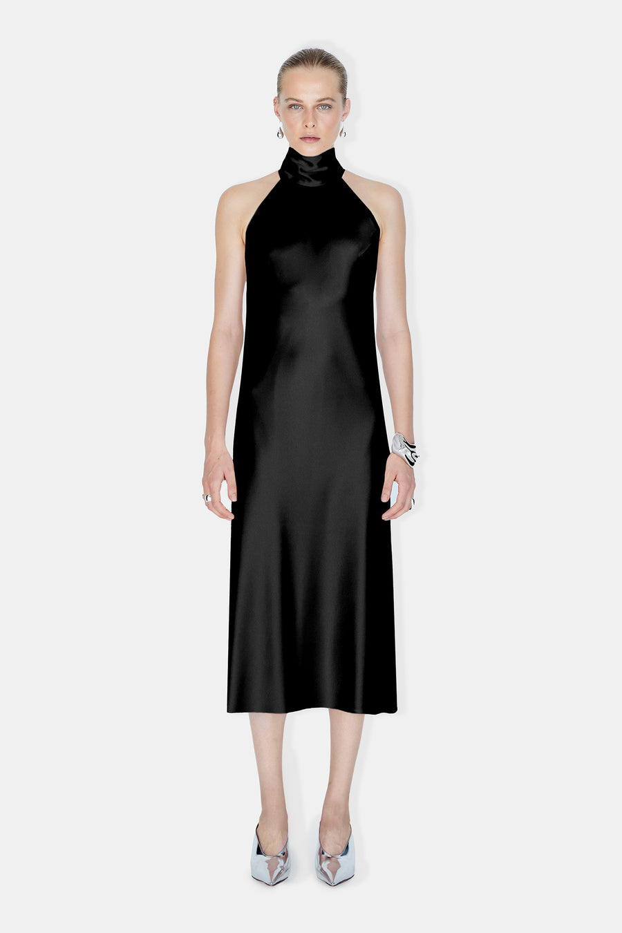 galvan sienna satin midi dress Galvan Sienna Satin Tie-Neck Midi Dress