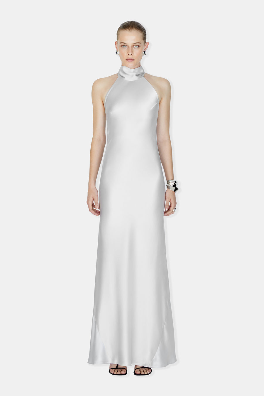 Luxury Designer Silk Halterneck Silver Dress | Luxury Eveningwear Dresses | Galvan London Luxury Designer Silk Halterneck Silver Dress | Luxury Eveningwear Dresses | Galvan London
