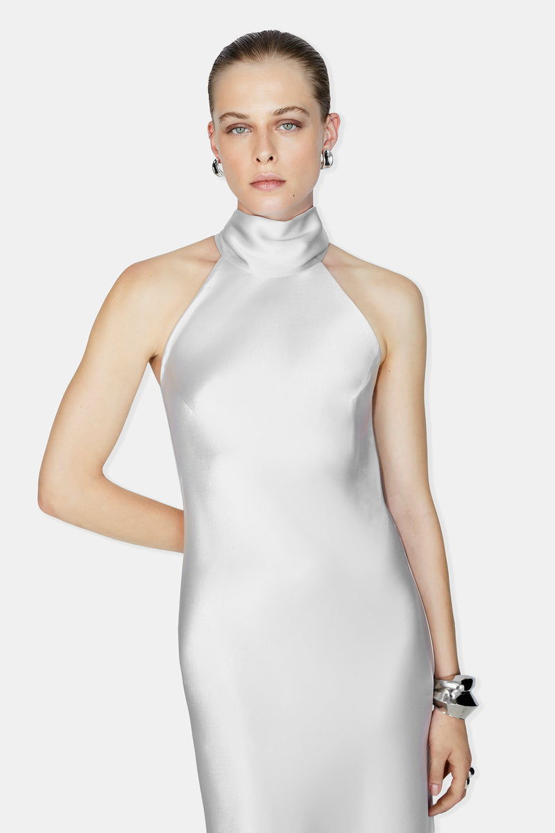Luxury Designer Silk Halterneck Silver Dress | Luxury Eveningwear Dresses | Galvan London Luxury Designer Silk Halterneck Silver Dress | Luxury Eveningwear Dresses | Galvan London