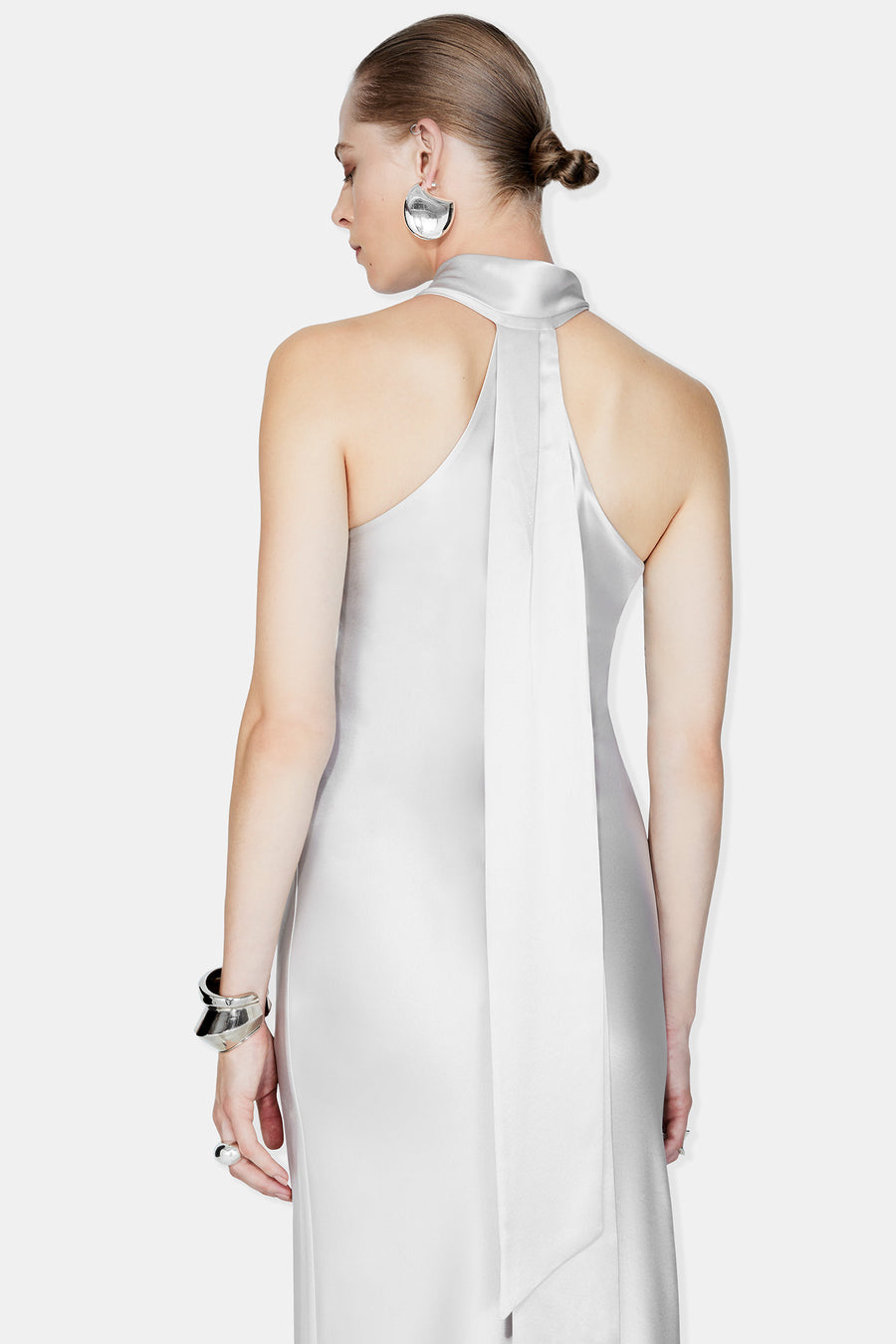 Galvan London | Pandora Satin Maxi Dress | Platinum | Size 46 Galvan London | Pandora Satin Maxi Dress | Platinum | Size 46