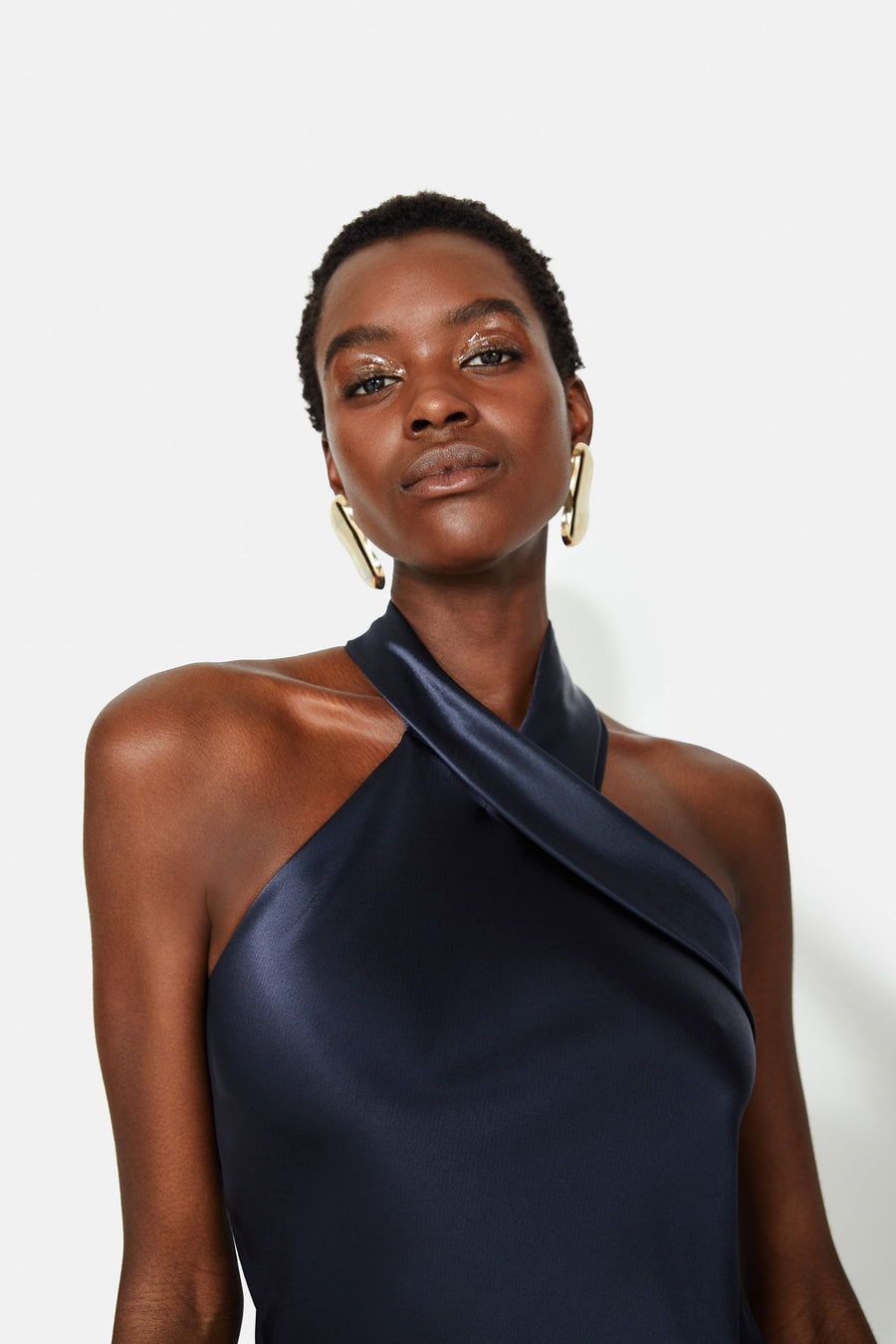 Designer Asymmetrical Halter Neckline Midnight Blue Bias-Cut Dress | Luxury Eveningwear Dress | Galvan London Designer Asymmetrical Halter Neckline Midnight Blue Bias-Cut Dress | Luxury Eveningwear Dress | Galvan London