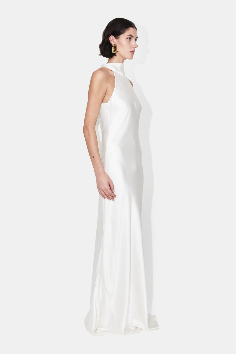 sienna halterneck satin maxi dress by galvan Sienna satin halterneck gown - gold