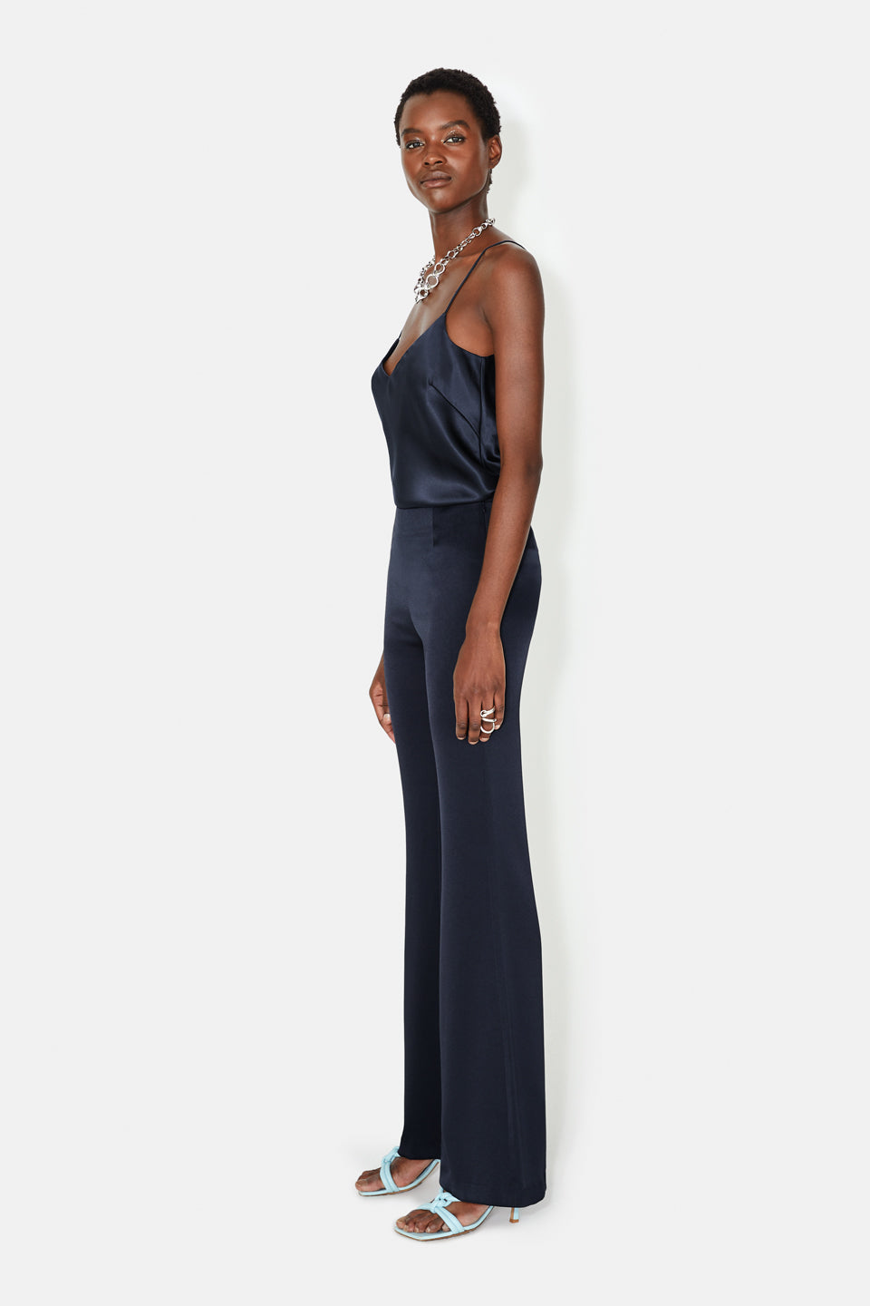 Satin black high waisted trousers main image 1